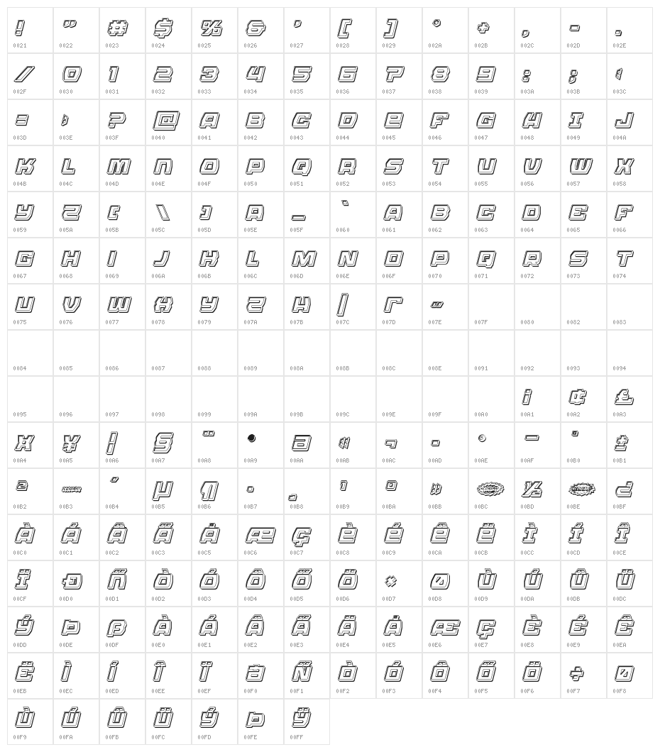 Olympic Carrier Engraved Italic Character Map