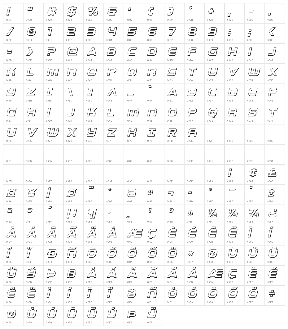 Omega Flight 3D Italic Character Map