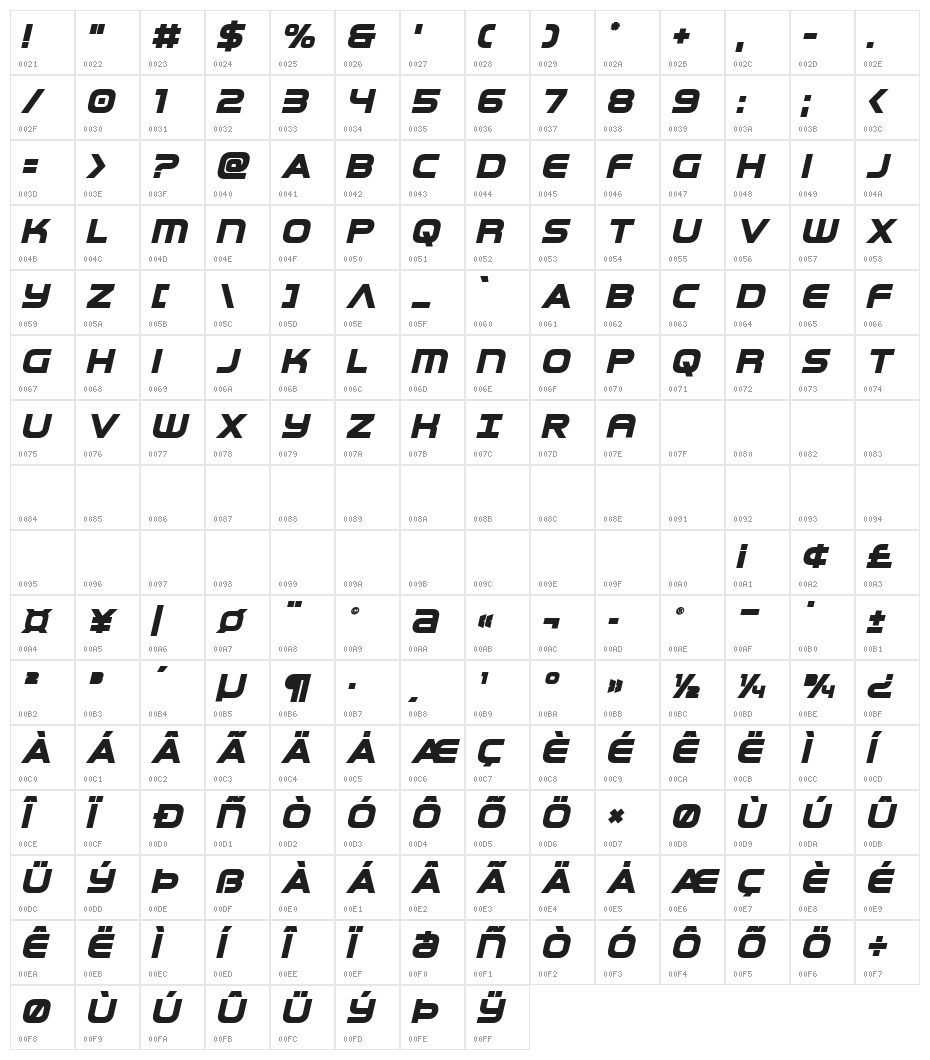 Omega Flight Bold Italic Character Map