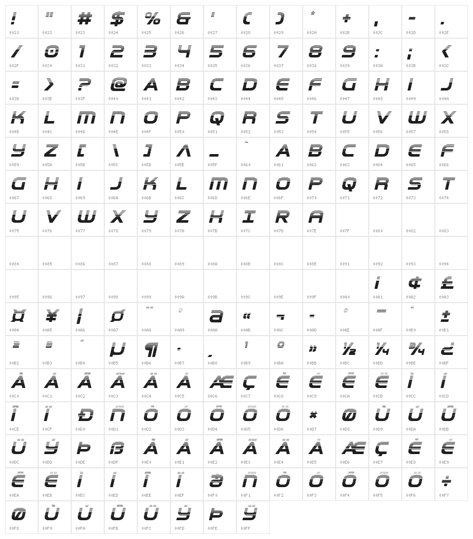 Omega Flight Halftone Italic Character Map