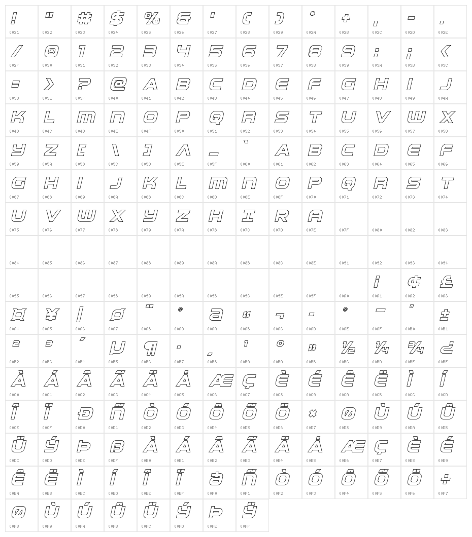 Omega Flight Outline Italic Character Map