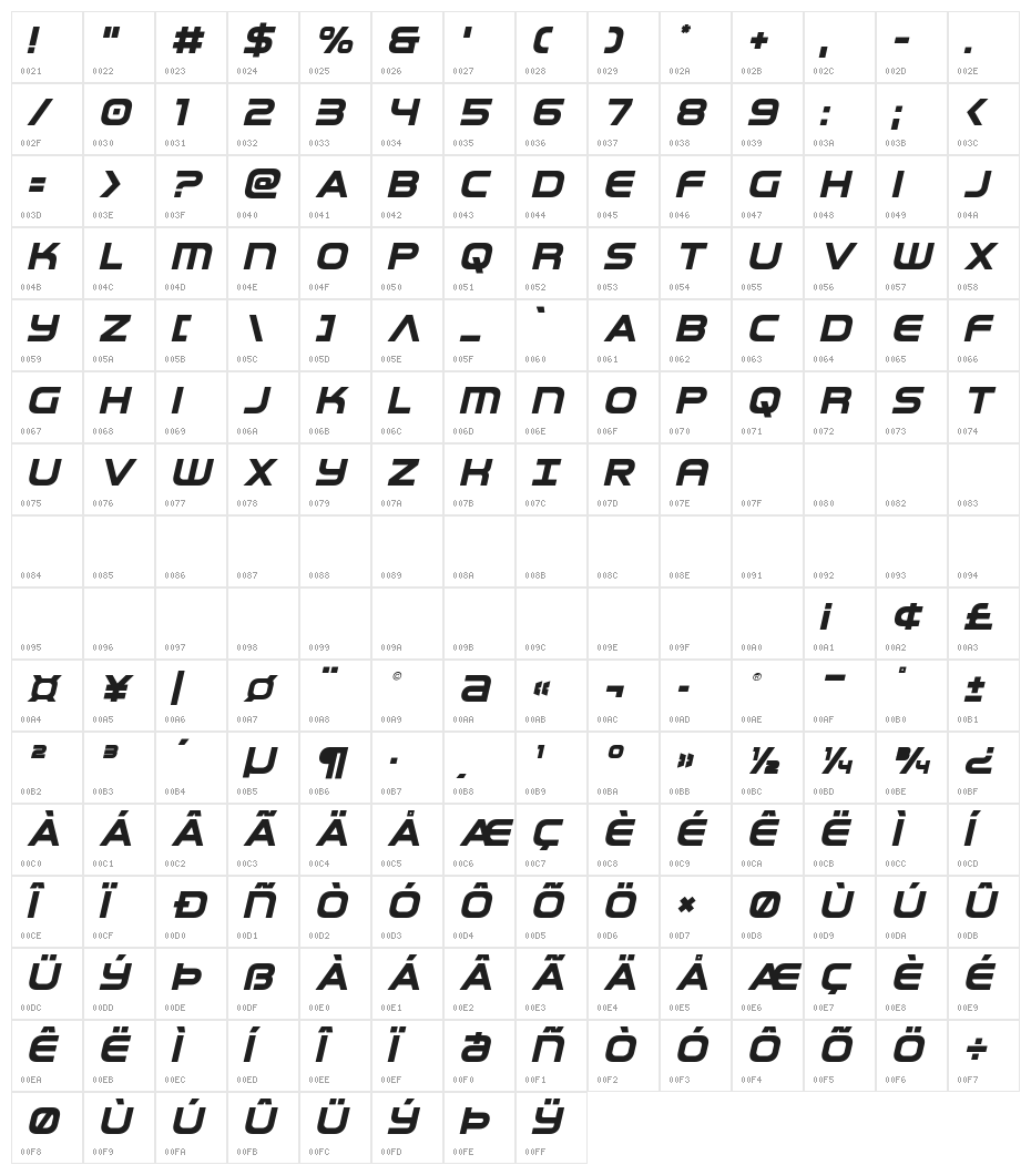 Omega Flight Title Italic Character Map