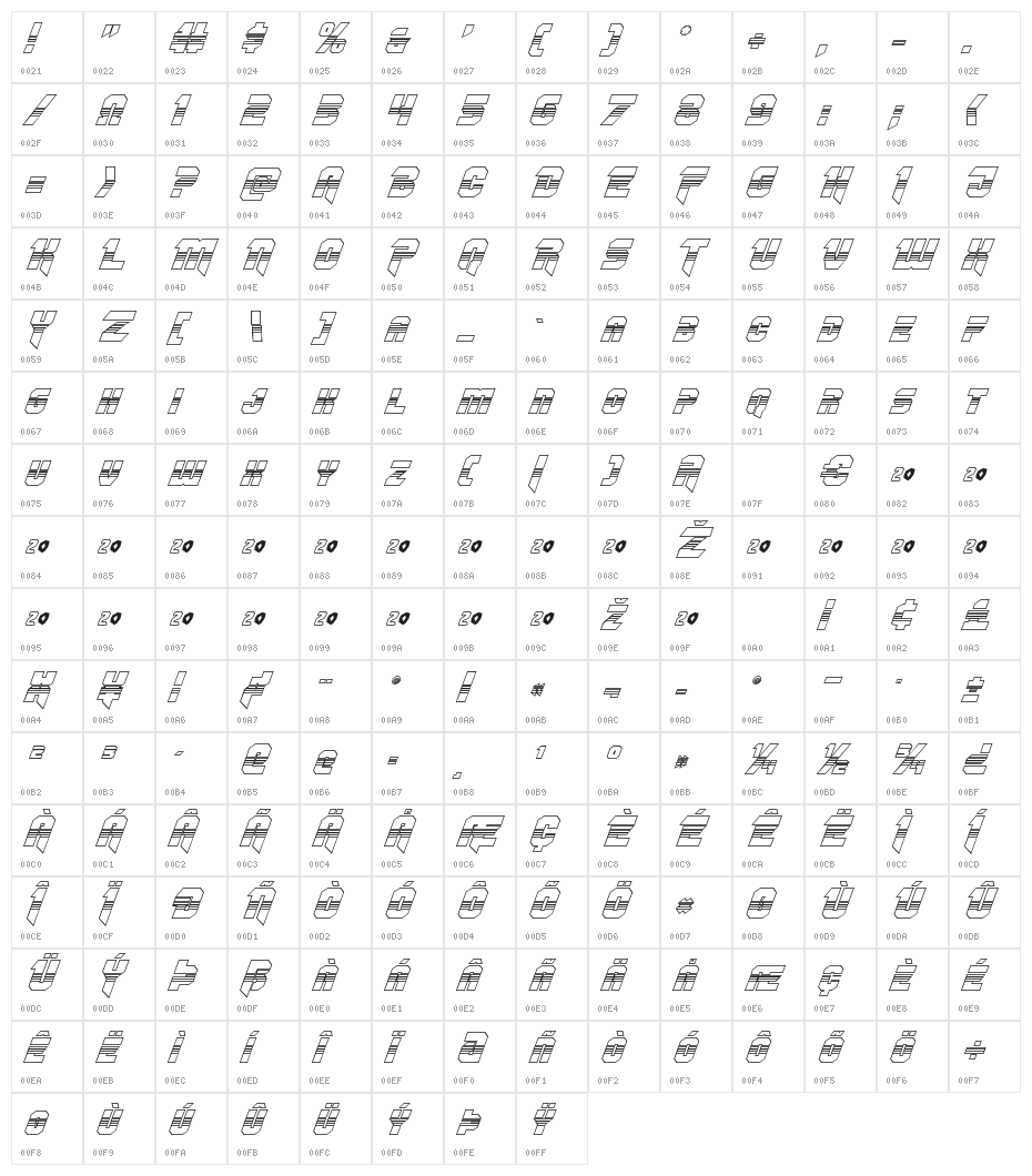 OmegaForce Halftone 3D Italic Character Map