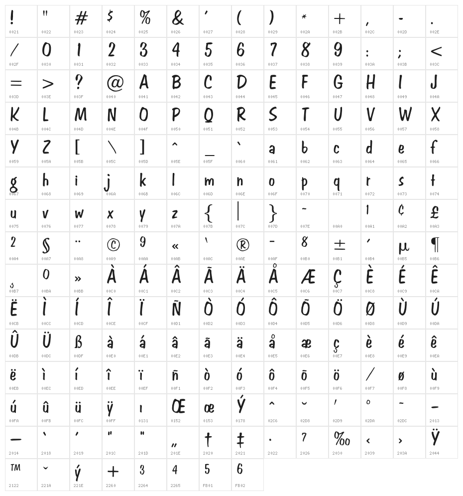 OPTIAction-Brush Character Map