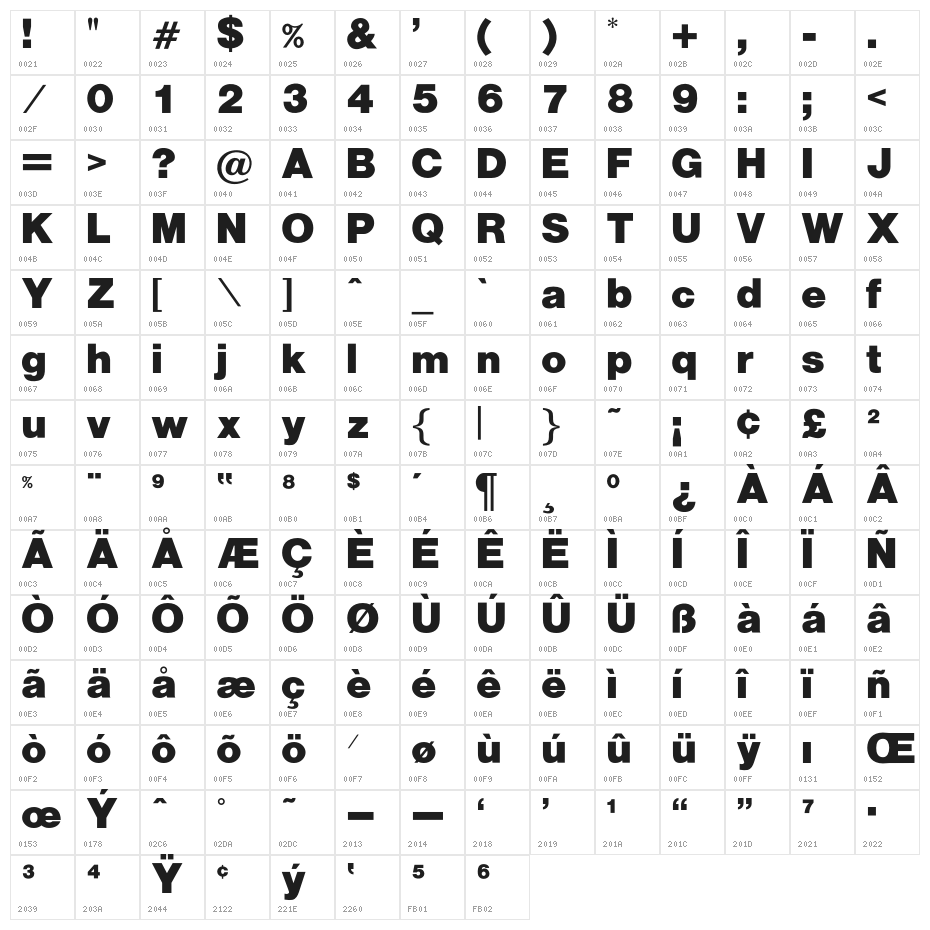 OPTIAlpine-Bold Character Map