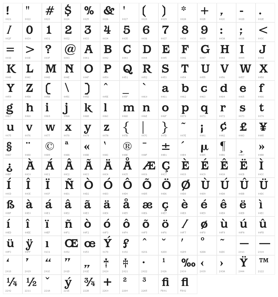 OPTIBarMay-Bold Character Map