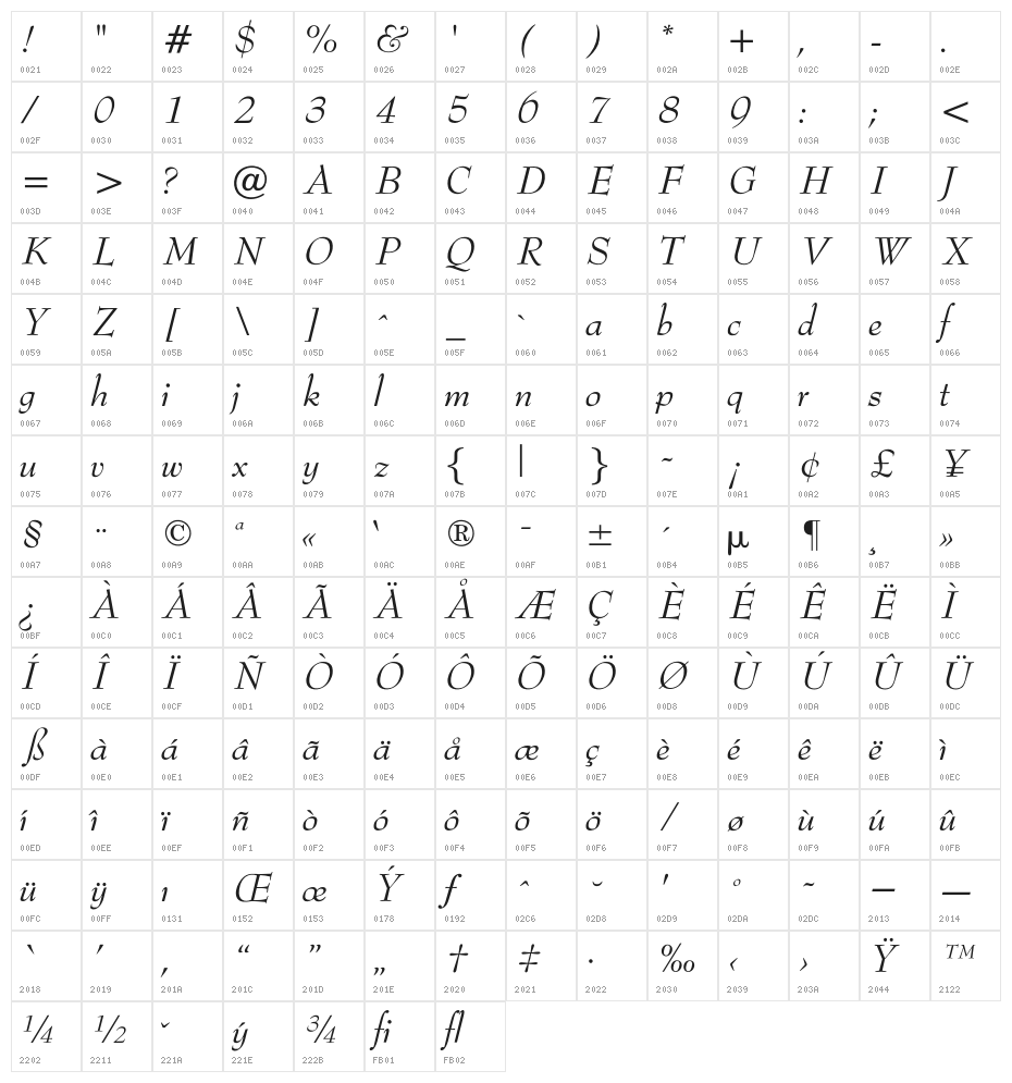 OPTIBenjieModern-Italic Character Map
