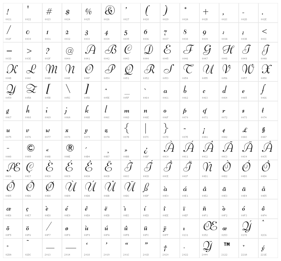 OPTIBernhard-BoldCursive Character Map