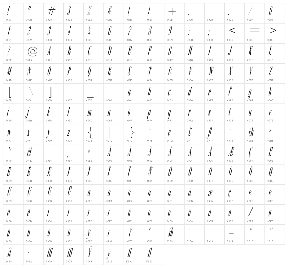 OPTIBorDen-Italic Character Map