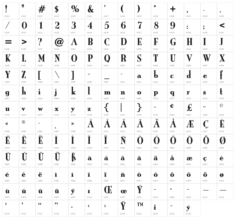 OPTIBurley-Bold Character Map