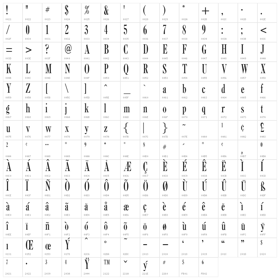OPTICaslon-ExtraCondensed Character Map