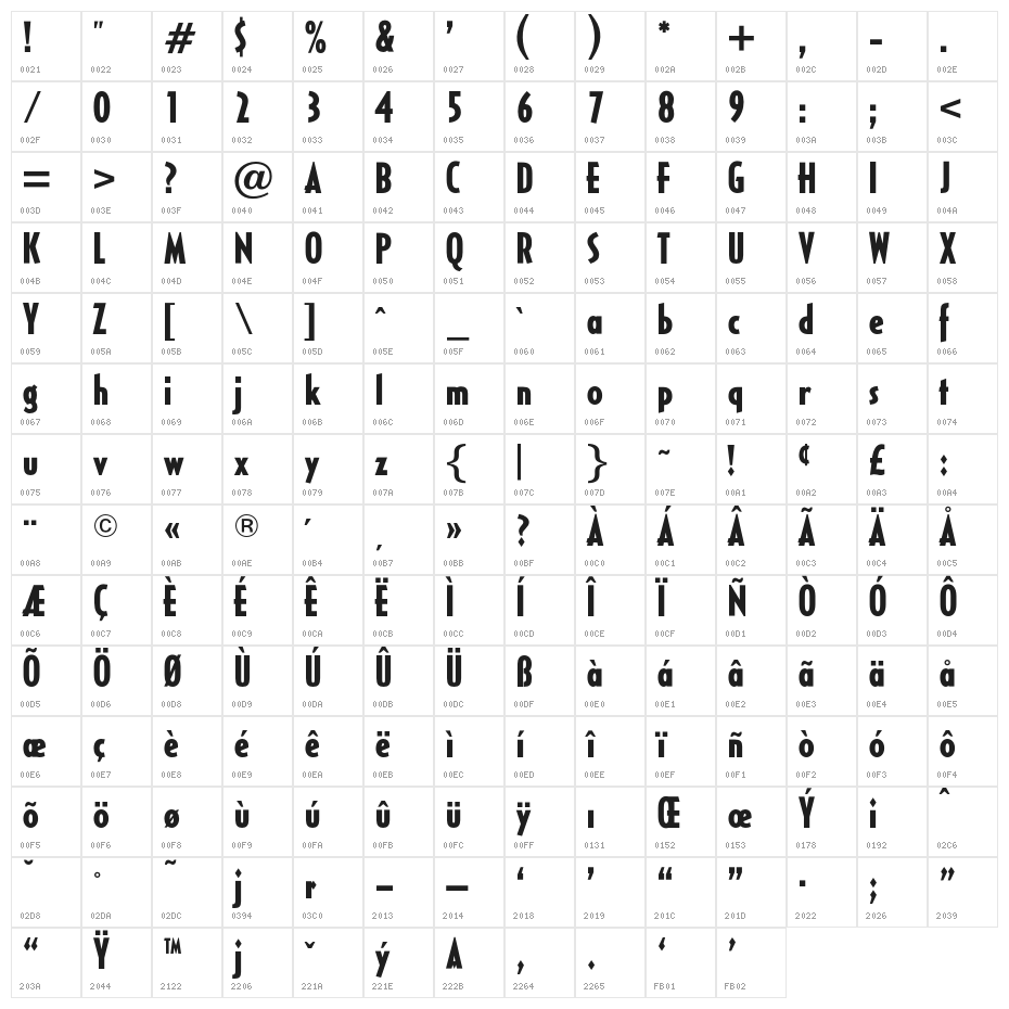 OPTICivet-BoldCond Character Map