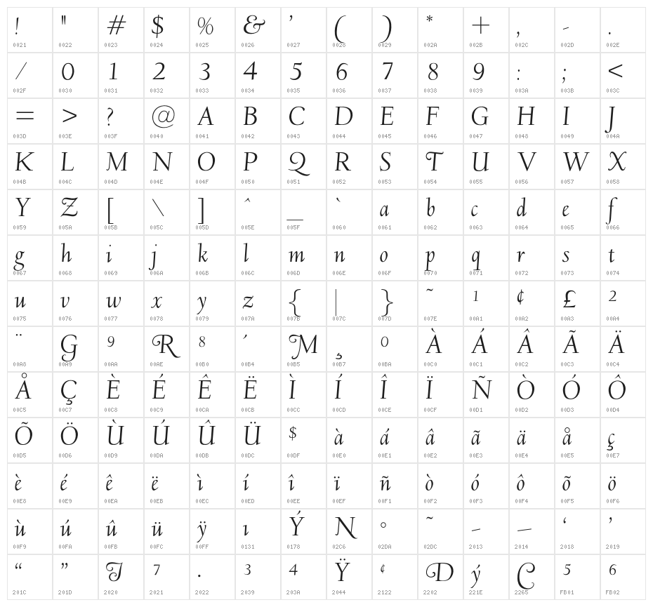 OPTIDeligne-Italic Character Map