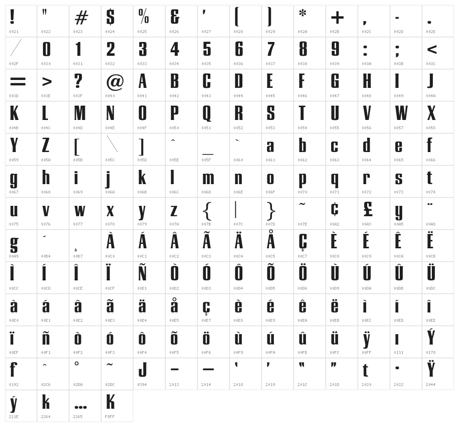 OPTIEnraged-BoldAD Character Map