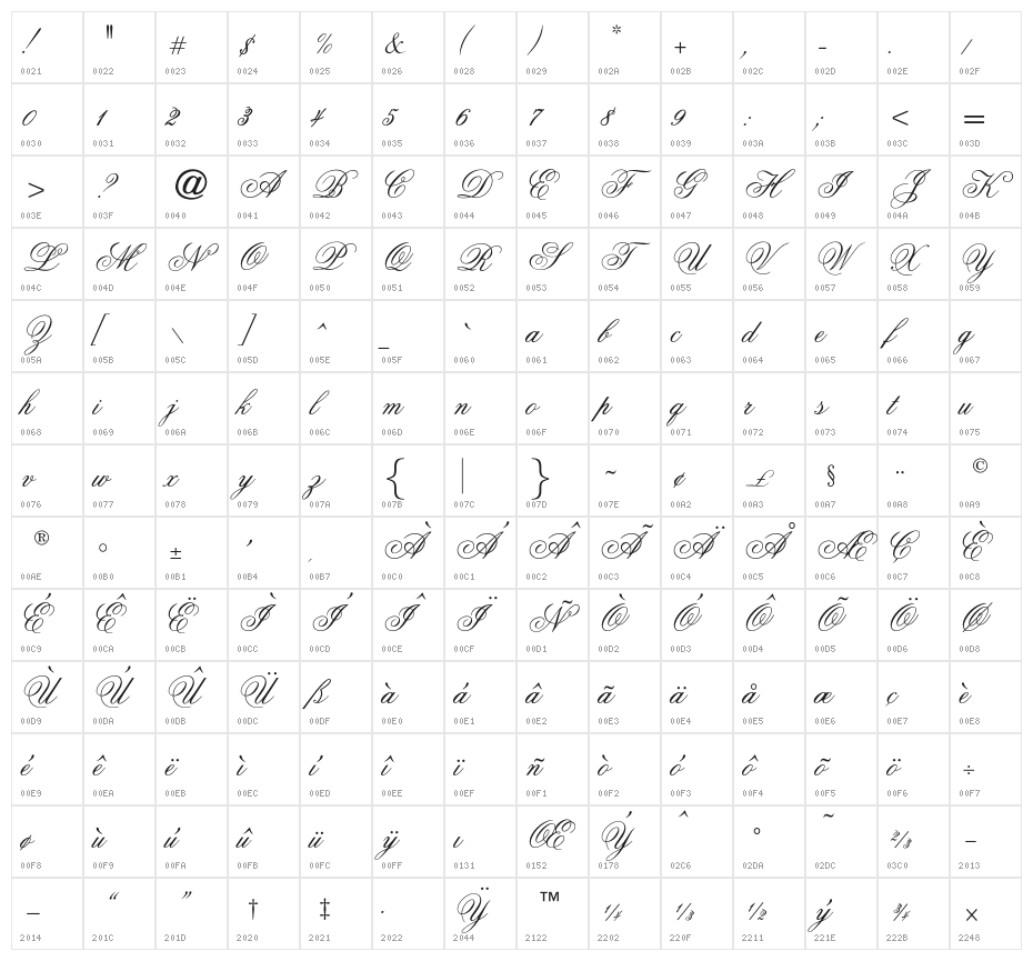 OPTIFlemish-Script Character Map