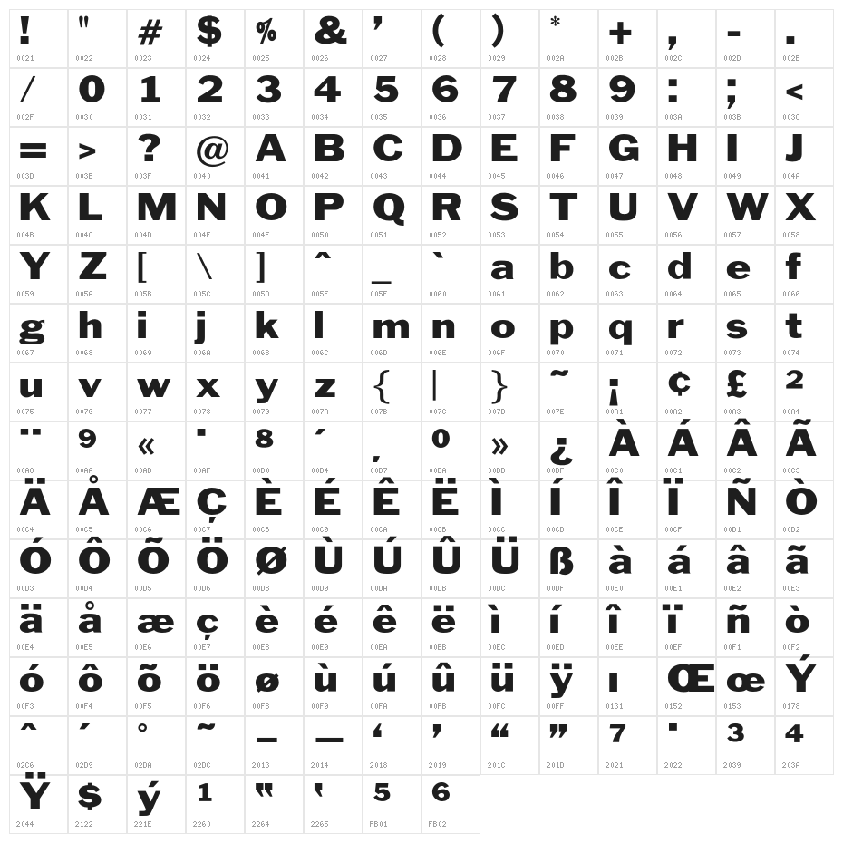 OPTIFranklinGothic-Wide Character Map