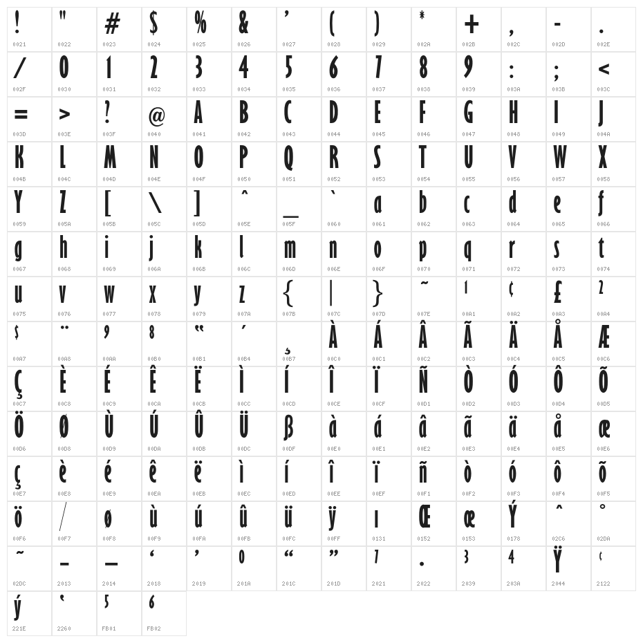 OPTIGibby-BoldXCond Character Map
