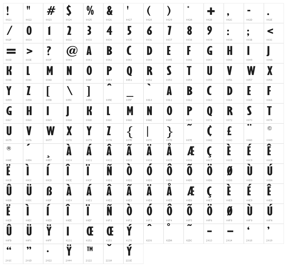 OPTIGibby-XBoldXCondHeads Character Map
