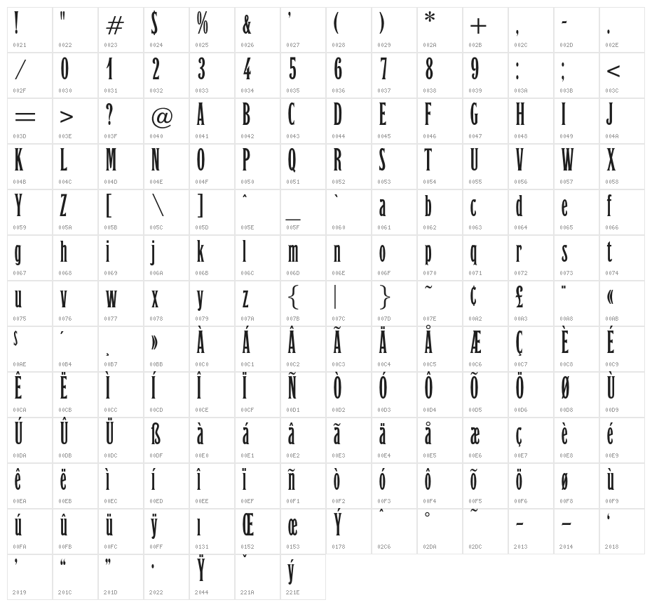 OPTILeLatin-NoirEtroit Character Map