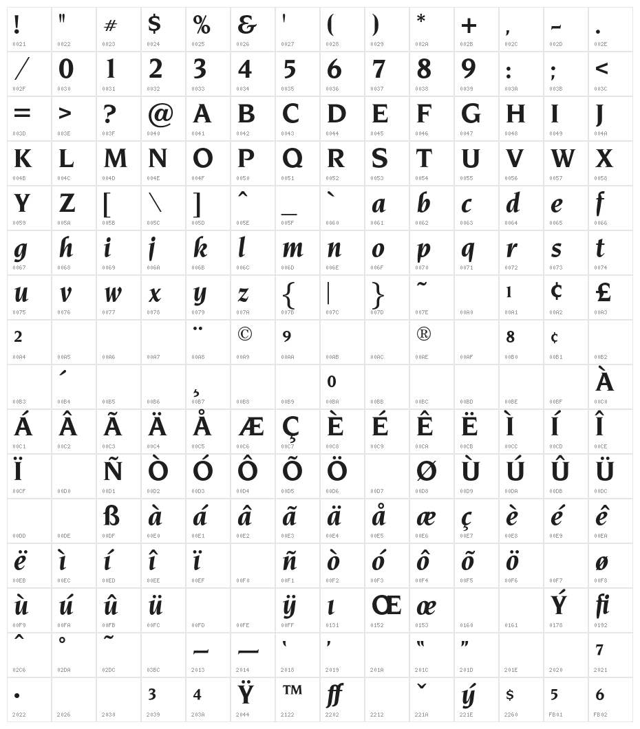 OPTINonoy-BoldItalic Character Map