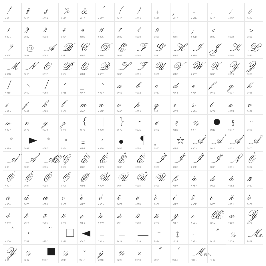 OPTIOldFashioned-Script Character Map