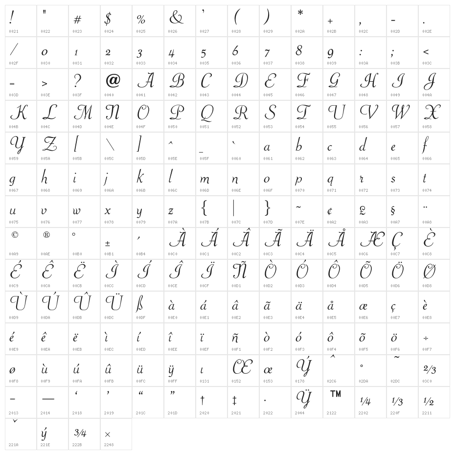 OPTIPiranesi-Italic Character Map