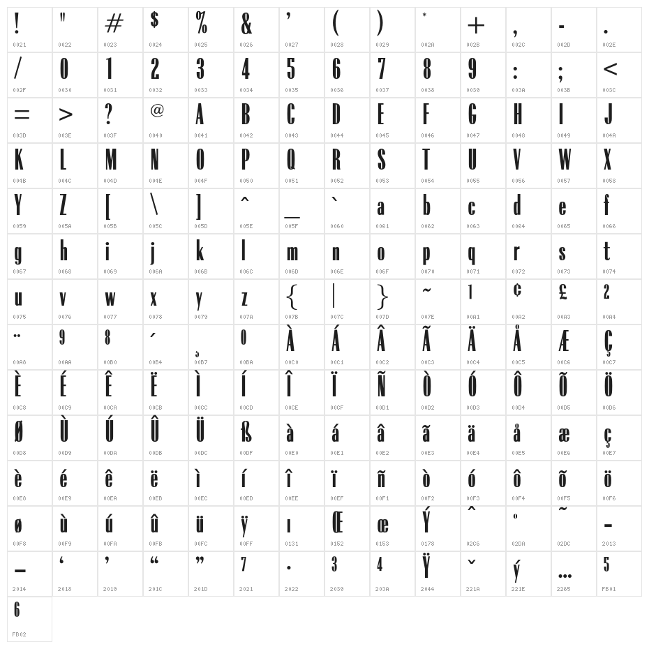 OPTIRadiant-BoldXCond Character Map