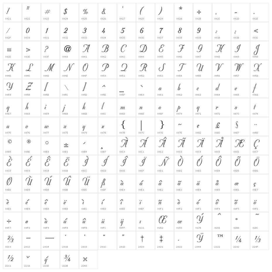 OPTIStoyer-Script Character Map