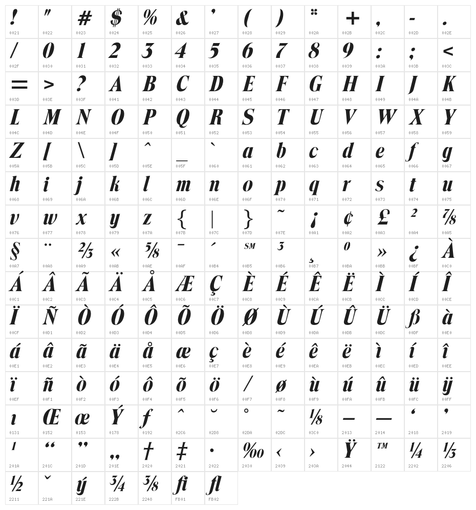 OPTITrimRoman-Italic Character Map
