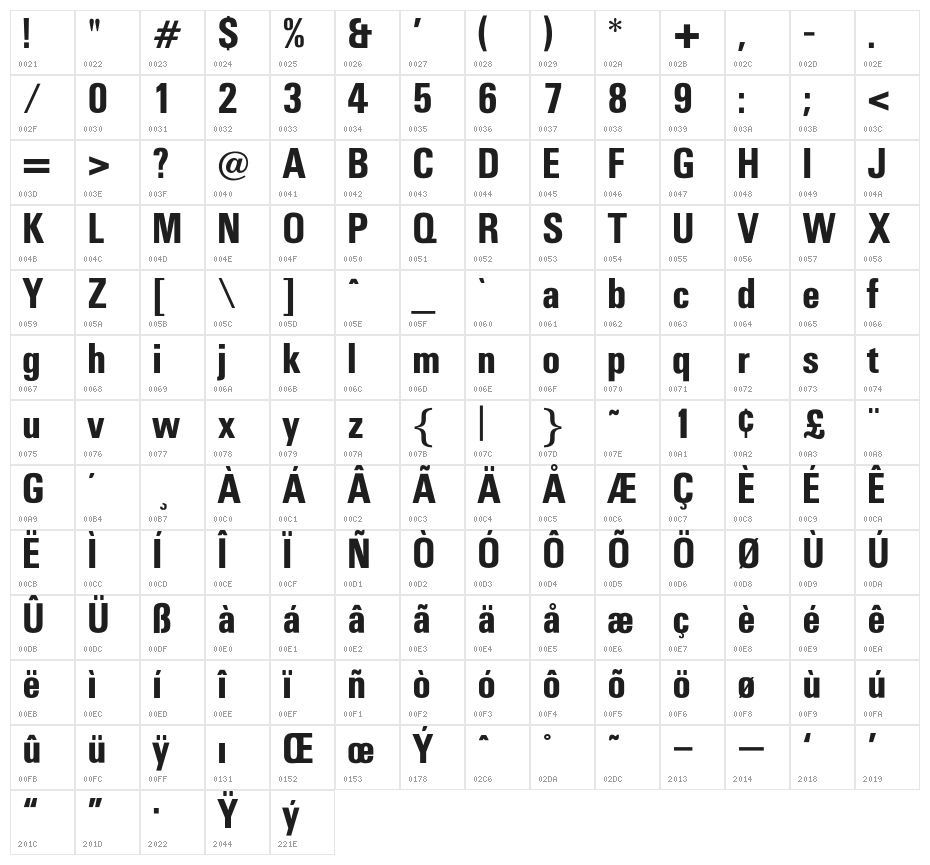OPTIUniversSixtySeven Character Map