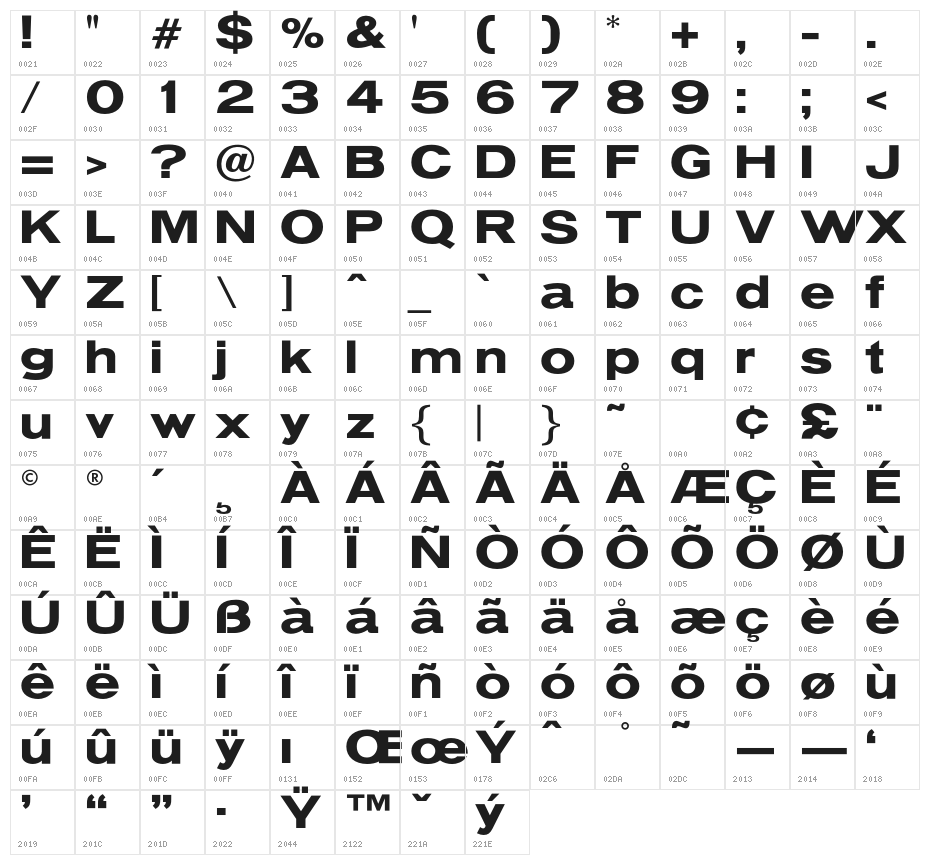 OPTIVenus-BoldExtended Character Map