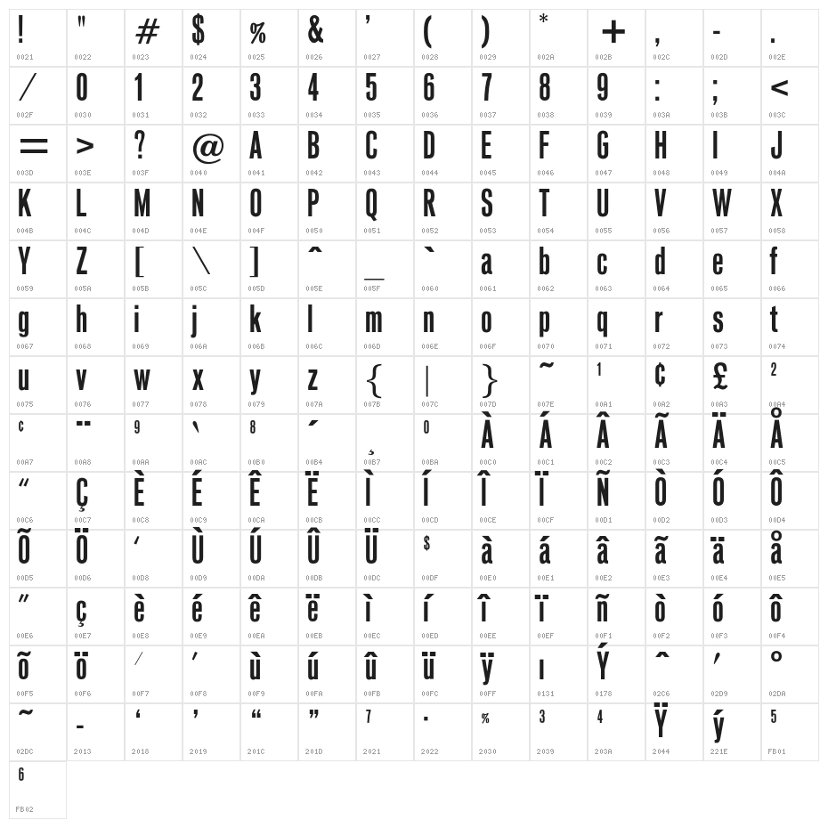 OPTIVenusBold-Condensed Character Map