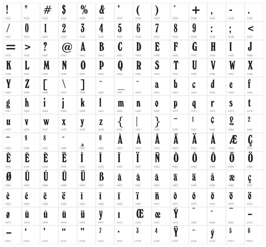 OPTIWindsor-Elongated Character Map