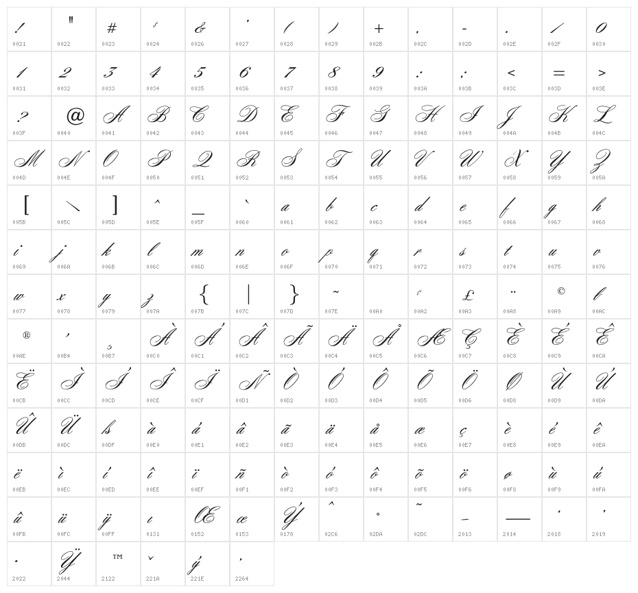 OPTIZoomScript Character Map