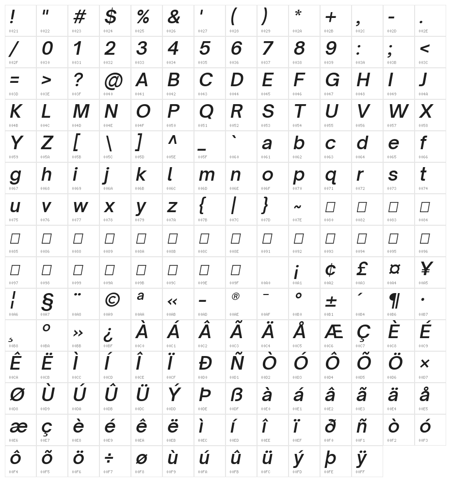 Open Sauce One SemiBold Italic Character Map