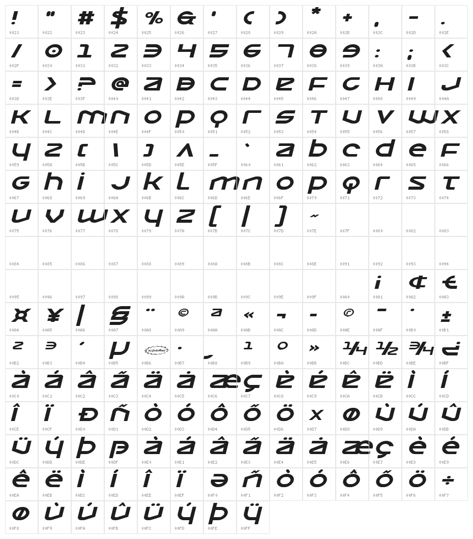 Opilio Expanded Italic Character Map