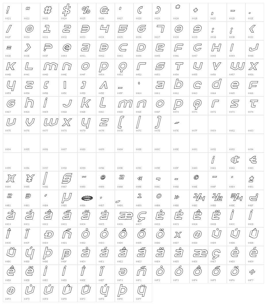 Opilio Outline Italic Character Map