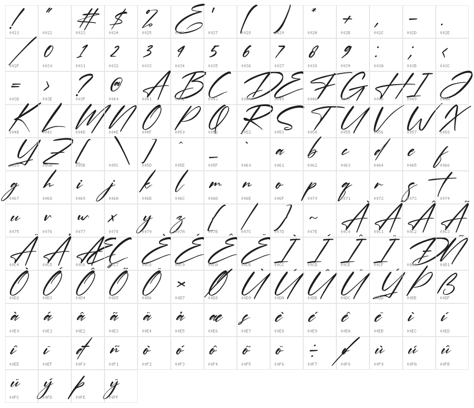 Optimistic Signature Italic Character Map