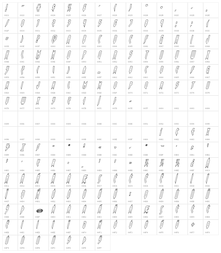 Opus Magnus Outline Condensed Italic Character Map