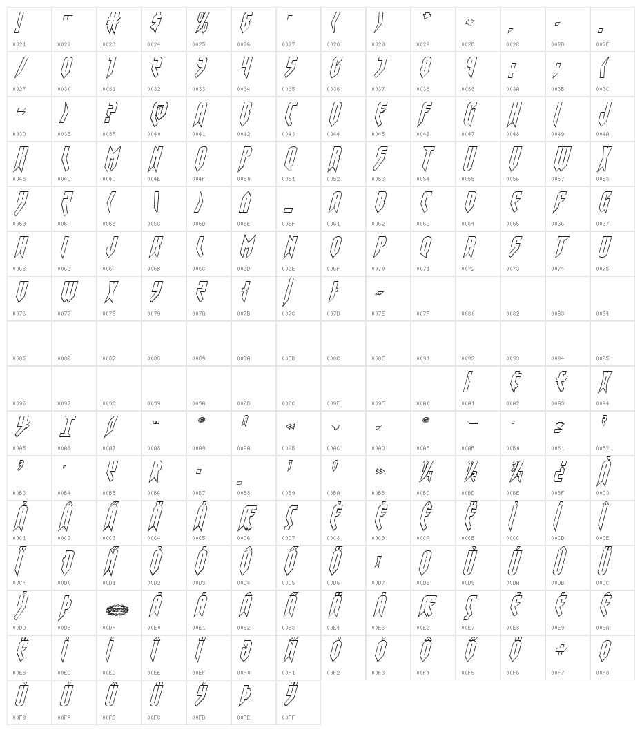 Opus Magnus Outline Italic Character Map
