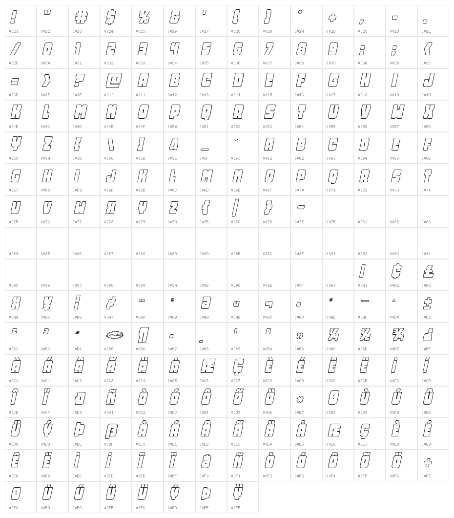 Opus Mundi Outline Italic Character Map