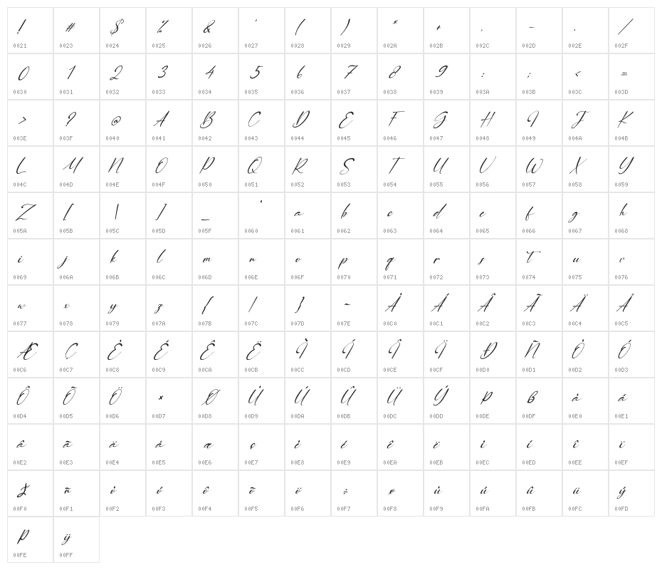 Orange Signature Italic Character Map