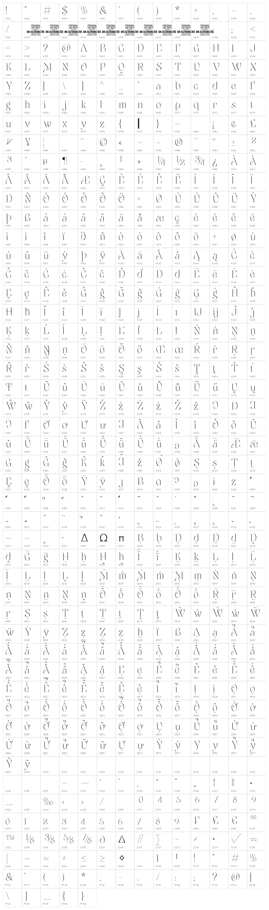 Orangerie PERSONAL USE ONLY Regular Character Map