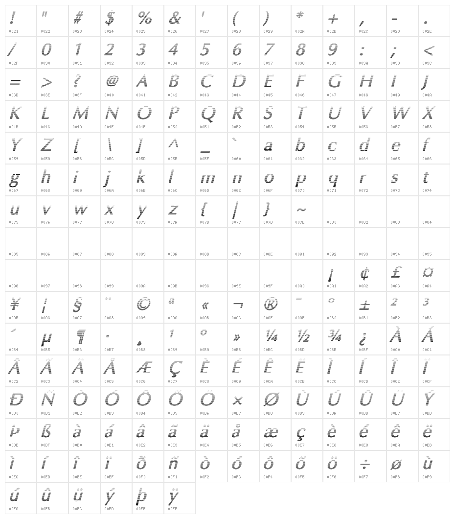 Oregon LDO Vanishing Bold Oblique Character Map