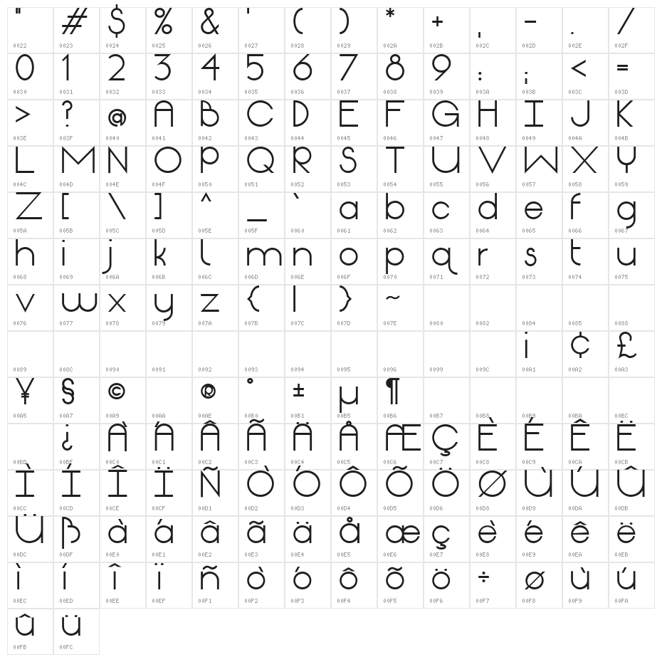 Origin Bold Character Map