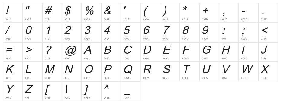Orion Esperanto Kursiva Character Map