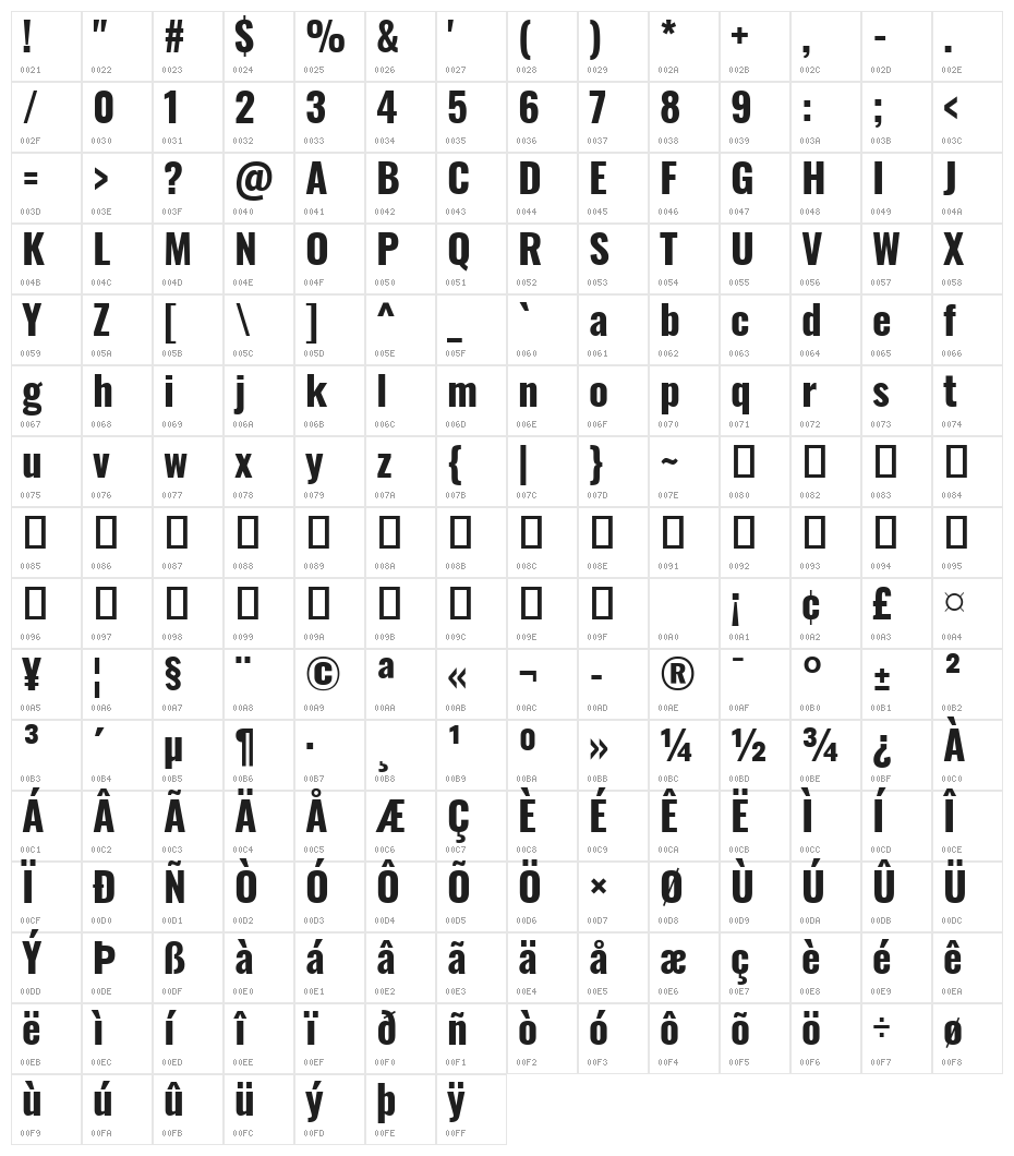 Oswald Bold Character Map