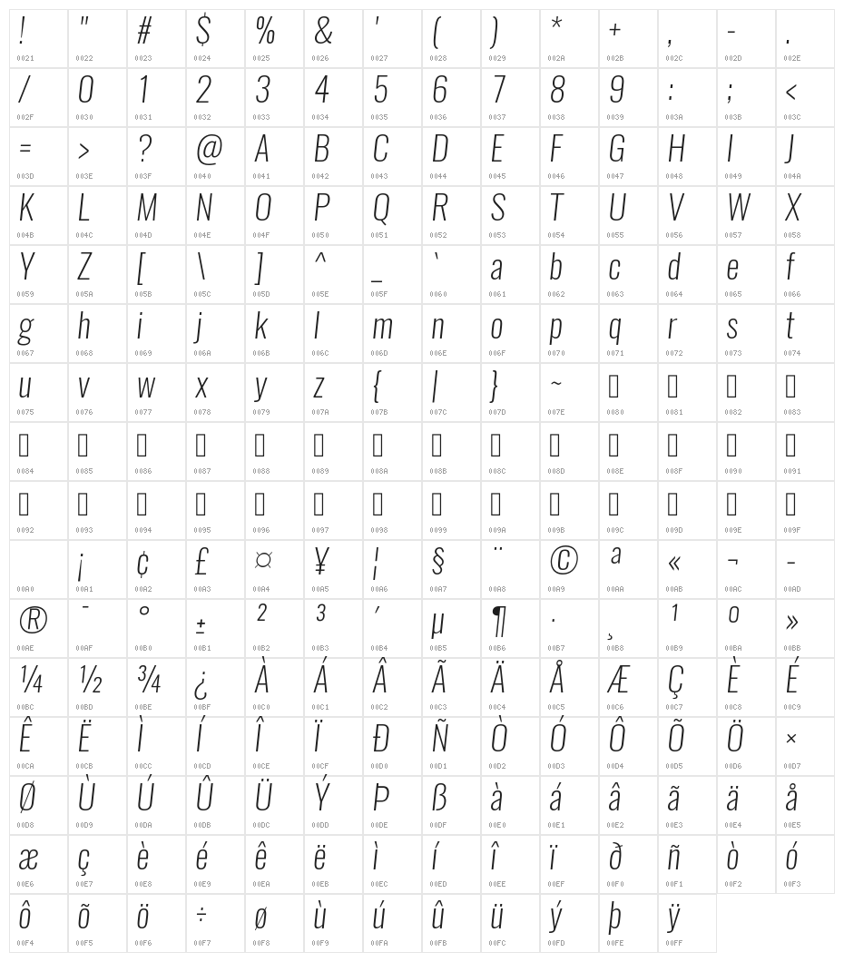 Oswald Extra-LightItalic Character Map