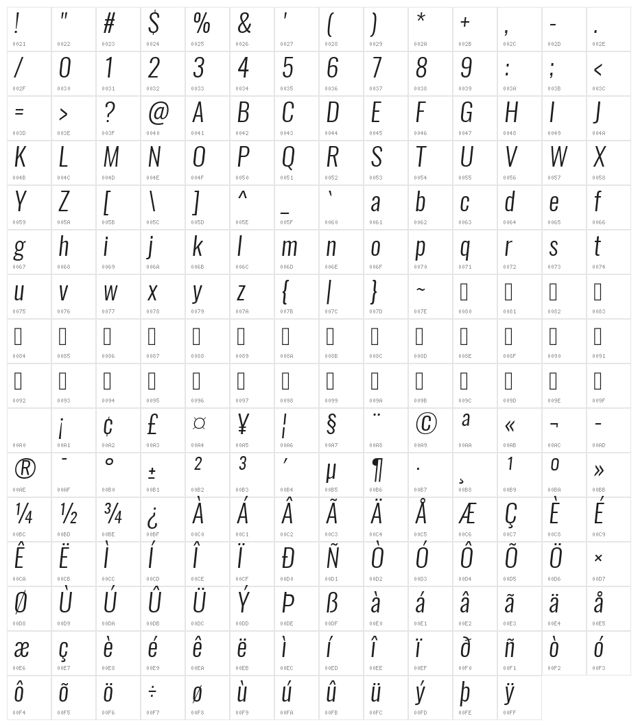 Oswald LightItalic Character Map