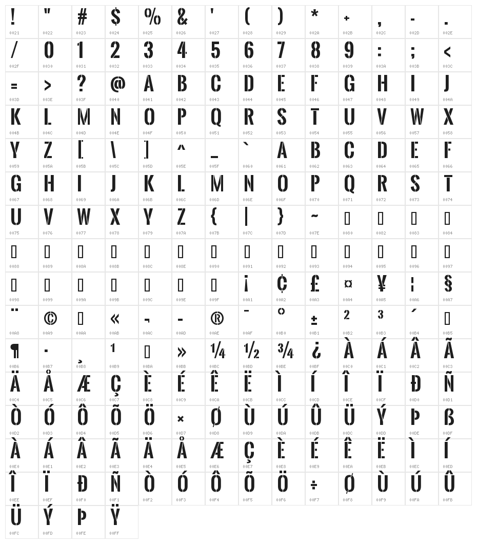 Oswald Stencil Bold Character Map